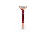 Rose gold Emerald Cut Diamond Side Stone Solitaire Ring with Round with Garnet side stone and Four-Prong Setting_2