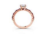 Rose gold Emerald Cut Diamond Side Stone Solitaire Ring with Round with Garnet side stone and Four-Prong Setting_3