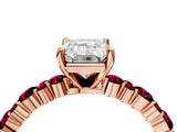 Rose gold Emerald Cut Diamond Side Stone Solitaire Ring with Round with Garnet side stone and Four-Prong Setting_4