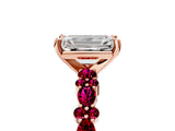 Rose gold Emerald Cut Diamond Side Stone Solitaire Ring with Round with Garnet side stone and Four-Prong Setting_5