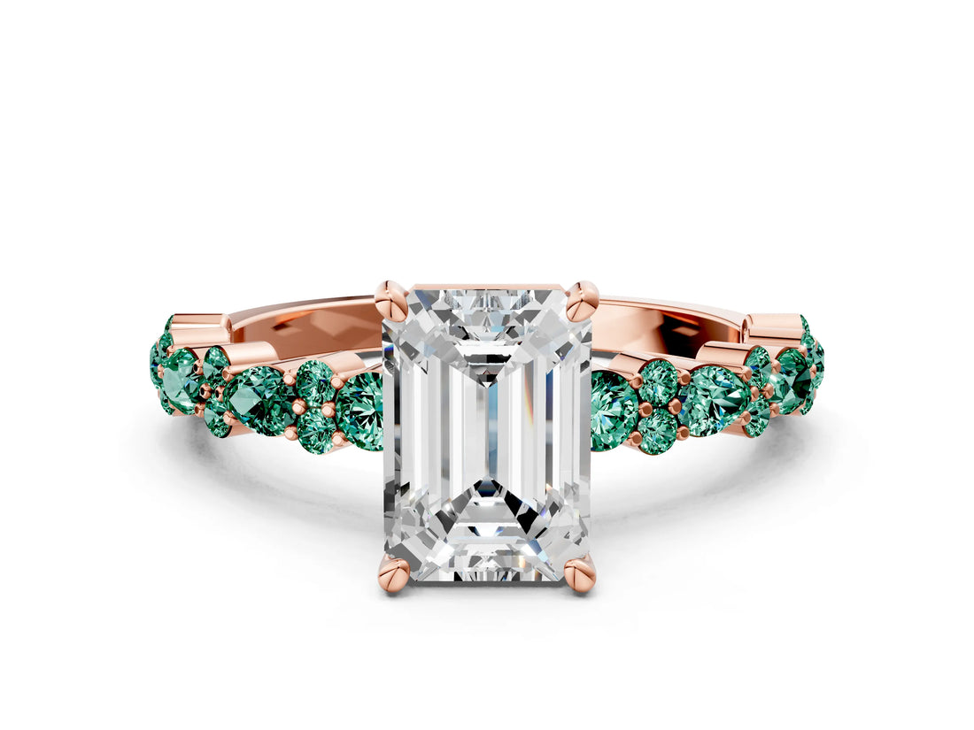 Rose gold Emerald Cut Diamond Side Stone Solitaire Ring with Round with Green Sapphire side stone and Four-Prong Setting