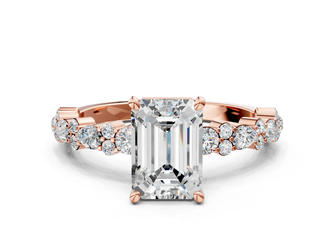 Rose gold Emerald Cut Diamond Side Stone Solitaire Ring with Round with Moissanite side stone and Four-Prong Setting