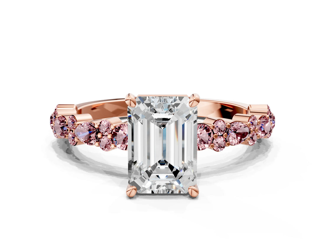 Rose gold Emerald Cut Diamond Side Stone Solitaire Ring with Round with Morganite side stone and Four-Prong Setting