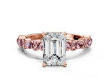 Rose gold Emerald Cut Diamond Side Stone Solitaire Ring with Round with Morganite side stone and Four-Prong Setting