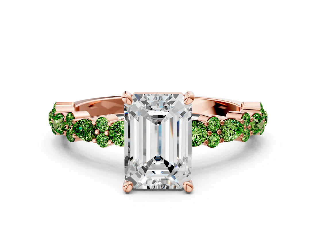 Rose gold Emerald Cut Diamond Side Stone Solitaire Ring with Round with Peridot side stone and Four-Prong Setting