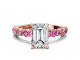 Rose gold Emerald Cut Diamond Side Stone Solitaire Ring with Round with Pink Sapphire side stone and Four-Prong Setting