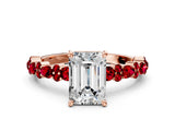 Rose gold Emerald Cut Diamond Side Stone Solitaire Ring with Round with Ruby side stone and Four-Prong Setting