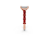 Rose gold Emerald Cut Diamond Side Stone Solitaire Ring with Round with Ruby side stone and Four-Prong Setting_2