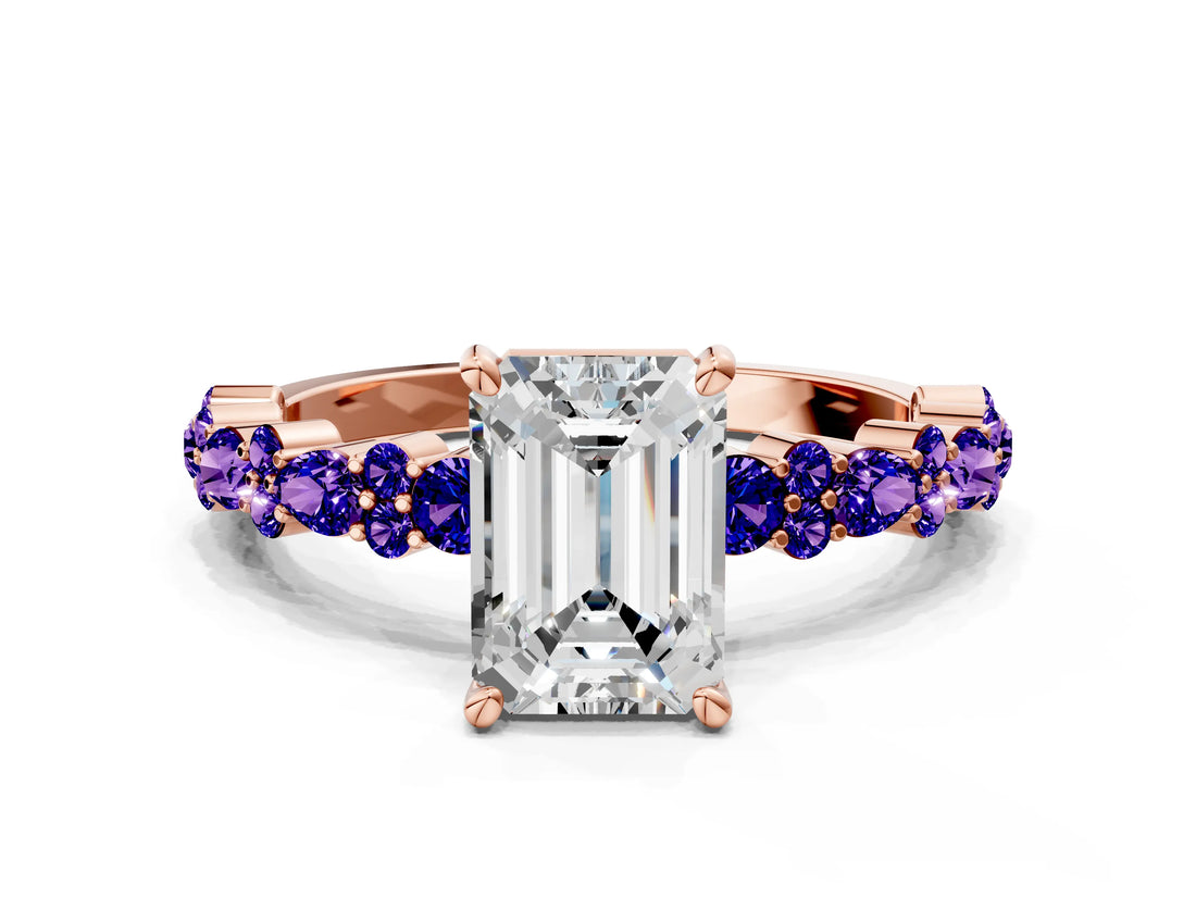 Rose gold Emerald Cut Diamond Side Stone Solitaire Ring with Round with Tanzanite side stone and Four-Prong Setting