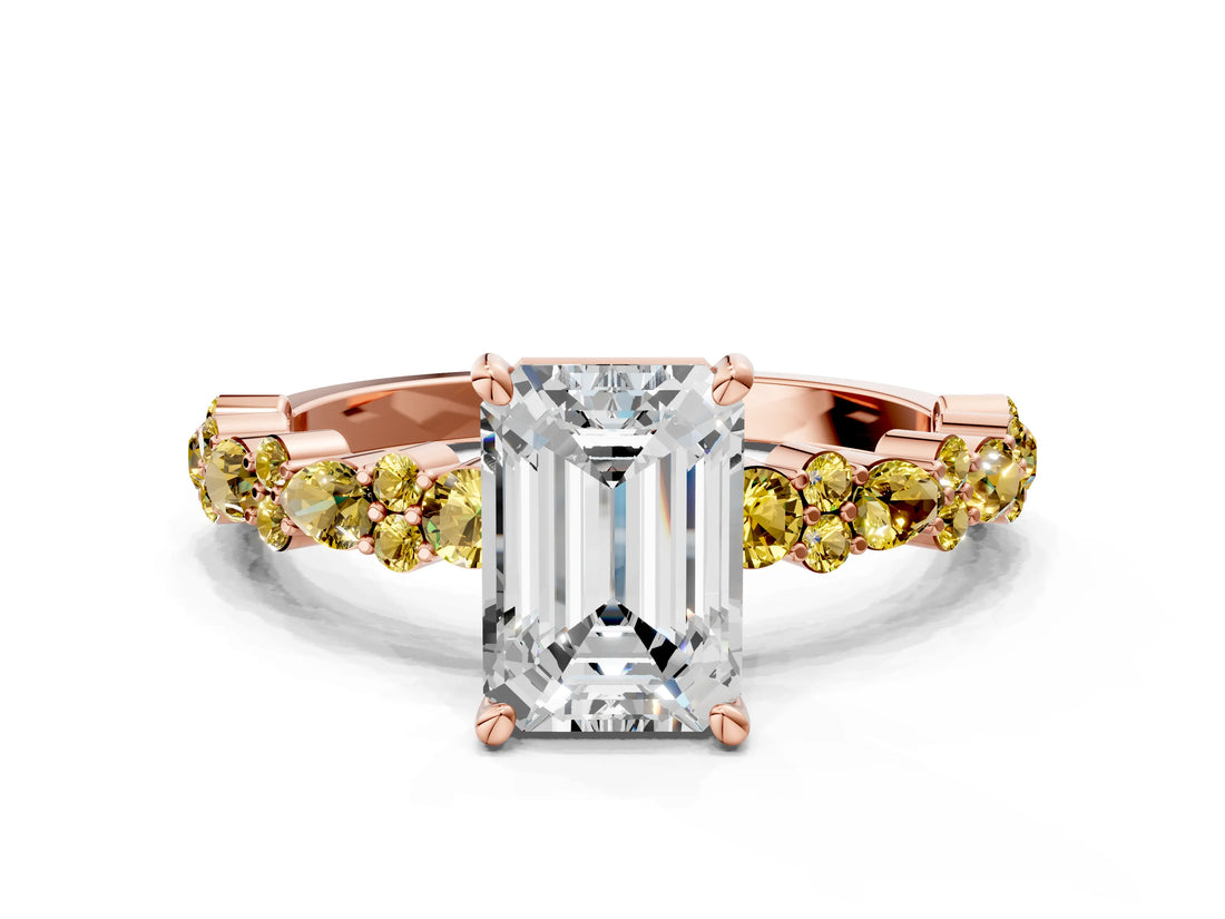Rose gold Emerald Cut Diamond Side Stone Solitaire Ring with Round with Yellow Sapphire side stone and Four-Prong Setting