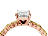 Rose gold Emerald Cut Diamond Side Stone Solitaire Ring with Round with Yellow Sapphire side stone and Four-Prong Setting_4