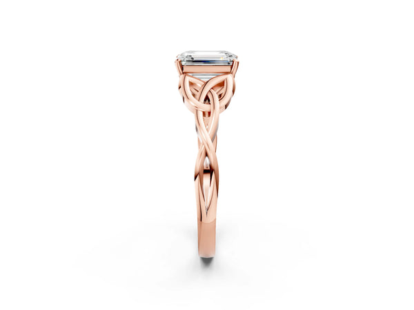 Rose gold Emerald Cut Diamond Solitaire Celtic Knot Ring with Four-Prong Setting