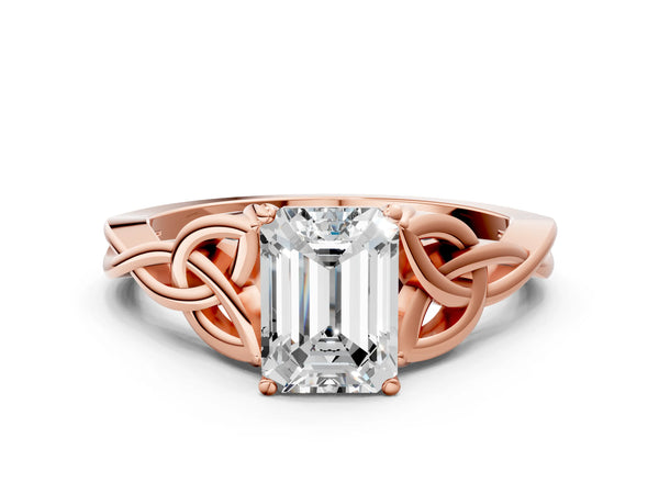Rose gold Emerald Cut Diamond Solitaire Celtic Knot Ring with Four-Prong Setting