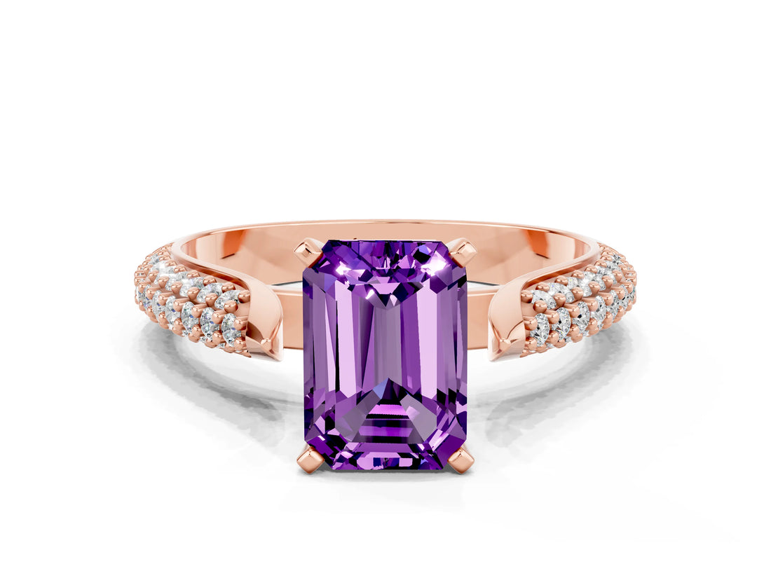 Rose gold Emerald Cut Diamond Solitaire Engagement Ring with Pavé Band and Four-Prong Setting