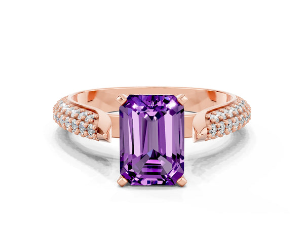 Rose gold Emerald Cut Amethyst Solitaire Engagement Ring with Multi-Row Round Pavé Band and Prong Setting