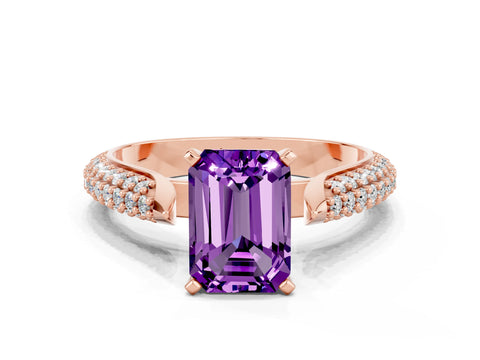 Rose gold Emerald Cut Diamond Solitaire Engagement Ring with Pavé Band and Four-Prong Setting