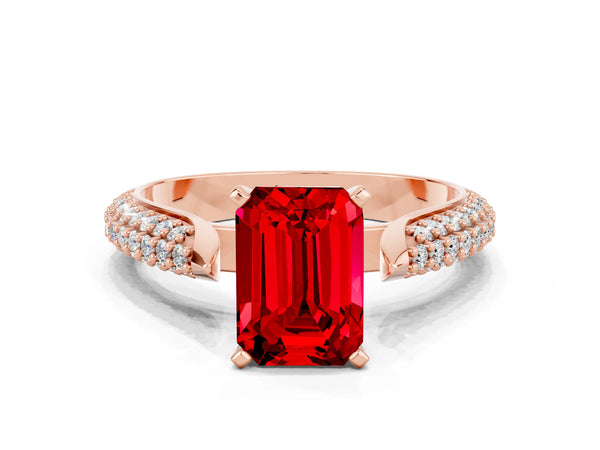 Rose gold Emerald Cut Diamond Solitaire Engagement Ring with Pavé Band and Four-Prong Setting