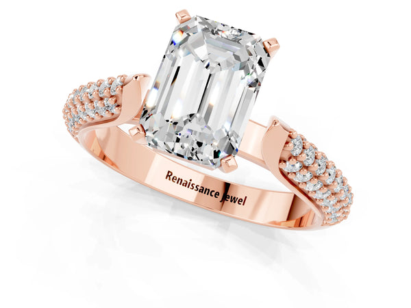 Rose gold Emerald Cut Moissanite Solitaire Engagement Ring with Multi-Row Round Pavé Band and Prong Setting