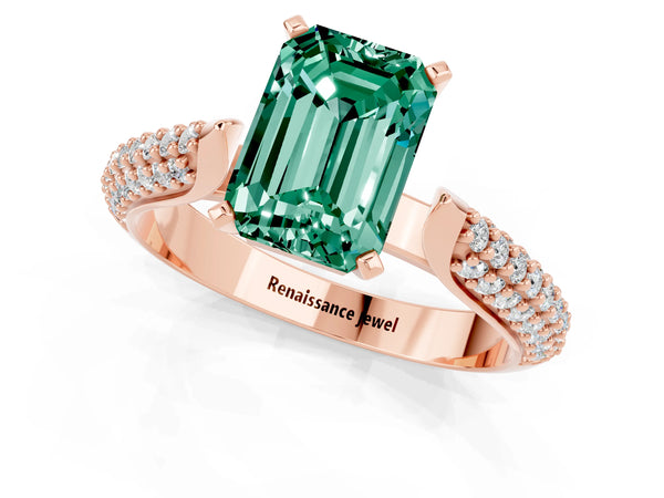 Rose gold Emerald Cut Green Sapphire Solitaire Engagement Ring with Multi-Row Round Pavé Band and Prong Setting