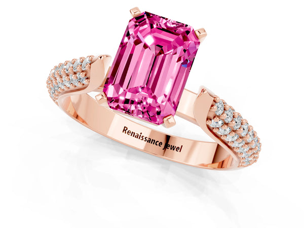 Rose gold Emerald Cut Pink Sapphire Solitaire Engagement Ring with Multi-Row Round Pavé Band and Prong Setting