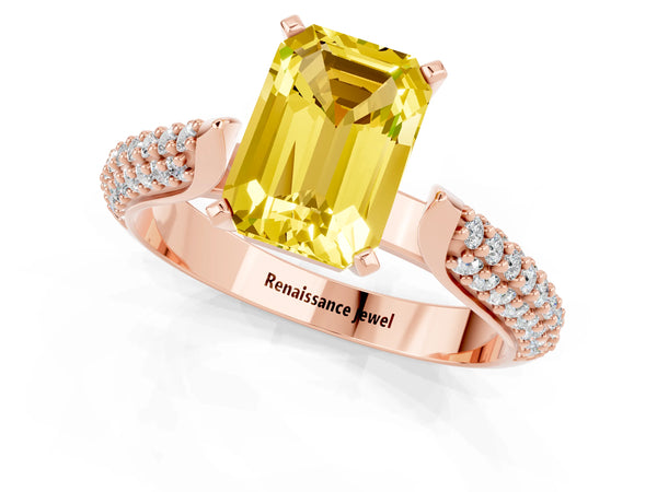 Rose gold Emerald Cut Yellow Sapphire Solitaire Engagement Ring with Multi-Row Round Pavé Band and Prong Setting