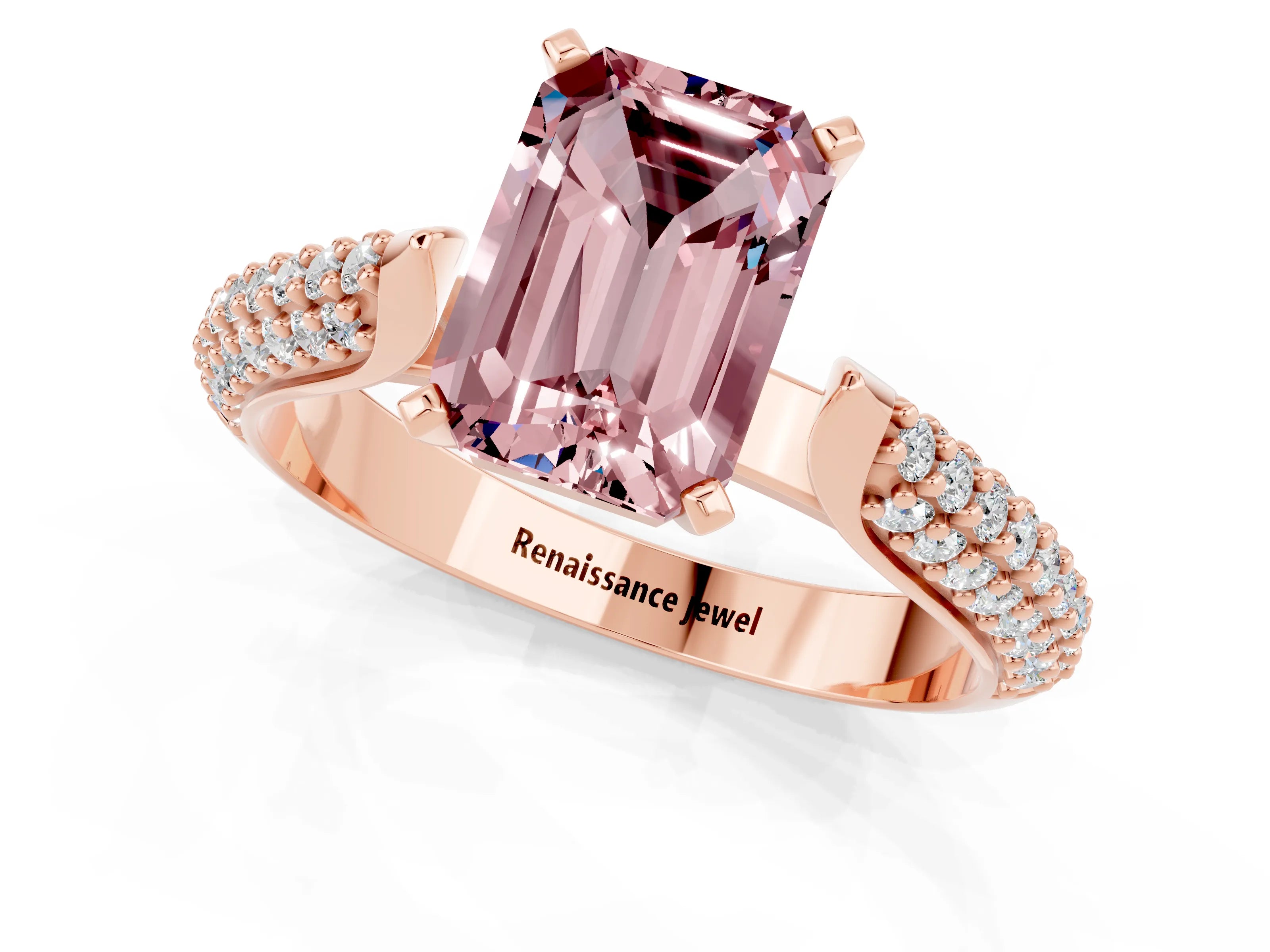 Rose gold Emerald Cut Diamond Solitaire Engagement Ring with Pavé Band and Four-Prong Setting_1