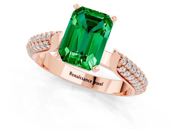 Rose gold Emerald Cut Emerald Solitaire Engagement Ring with Multi-Row Round Pavé Band and Prong Setting
