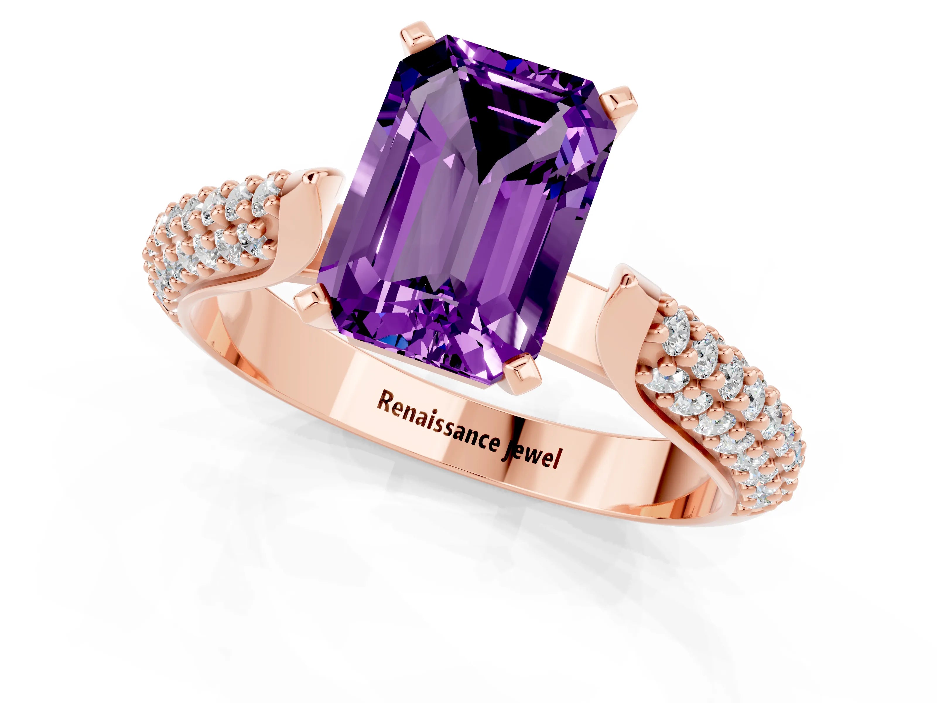 Rose gold Emerald Cut Diamond Solitaire Engagement Ring with Pavé Band and Four-Prong Setting_1