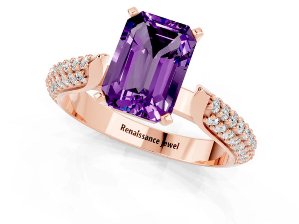 Rose gold Emerald Cut Amethyst Solitaire Engagement Ring with Multi-Row Round Pavé Band and Prong Setting