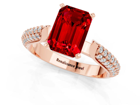 Rose gold Emerald Cut Diamond Solitaire Engagement Ring with Pavé Band and Four-Prong Setting_1