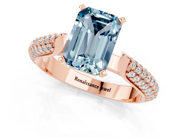 Rose gold Emerald Cut Aquamarine Solitaire Engagement Ring with Multi-Row Round Pavé Band and Prong Setting