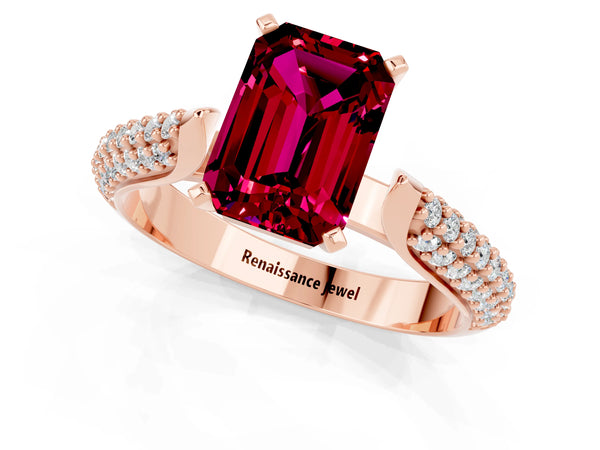 Rose gold Emerald Cut Garnet Solitaire Engagement Ring with Multi-Row Round Pavé Band and Prong Setting