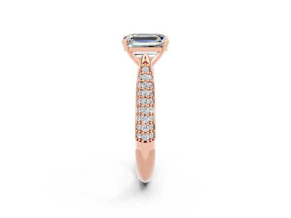 Rose gold Emerald Cut Moissanite Solitaire Engagement Ring with Multi-Row Round Pavé Band and Prong Setting