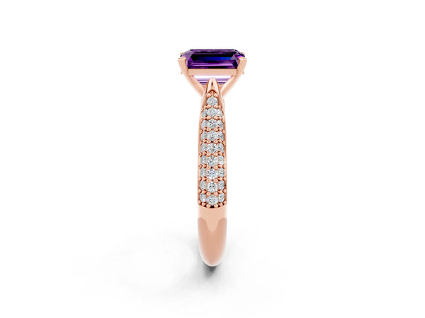 Rose gold Emerald Cut Amethyst Solitaire Engagement Ring with Multi-Row Round Pavé Band and Prong Setting