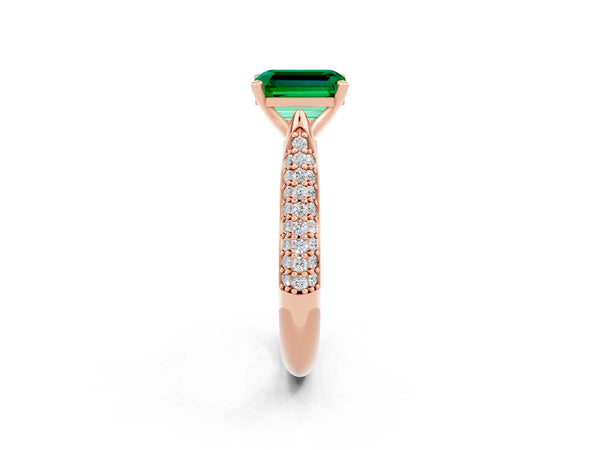 Rose gold Emerald Cut Emerald Solitaire Engagement Ring with Multi-Row Round Pavé Band and Prong Setting