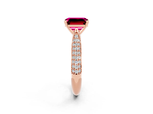 Rose gold Emerald Cut Garnet Solitaire Engagement Ring with Multi-Row Round Pavé Band and Prong Setting