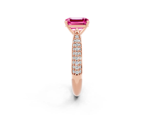 Rose gold Emerald Cut Pink Sapphire Solitaire Engagement Ring with Multi-Row Round Pavé Band and Prong Setting