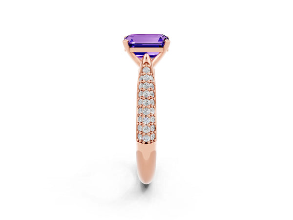 Rose gold Emerald Cut Tanzanite Solitaire Engagement Ring with Multi-Row Round Pavé Band and Prong Setting