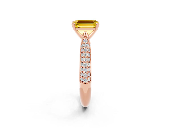Rose gold Emerald Cut Yellow Sapphire Solitaire Engagement Ring with Multi-Row Round Pavé Band and Prong Setting