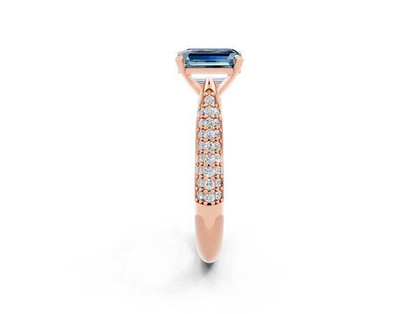 Rose gold Emerald Cut Aquamarine Solitaire Engagement Ring with Multi-Row Round Pavé Band and Prong Setting