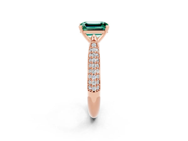 Rose gold Emerald Cut Green Sapphire Solitaire Engagement Ring with Multi-Row Round Pavé Band and Prong Setting