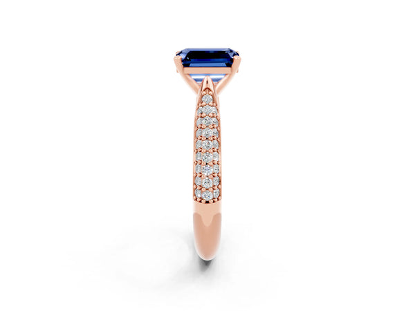 Rose gold Emerald Cut Blue Sapphire Solitaire Engagement Ring with Multi-Row Round Pavé Band and Prong Setting