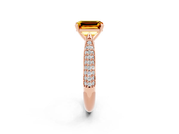 Rose gold Emerald Cut Citrine Solitaire Engagement Ring with Multi-Row Round Pavé Band and Prong Setting