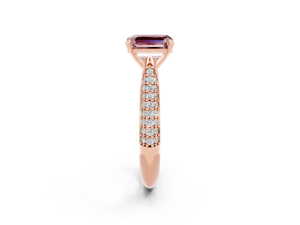 Rose gold Emerald Cut Diamond Solitaire Engagement Ring with Pavé Band and Four-Prong Setting