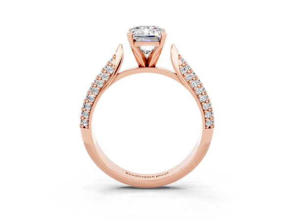 Rose gold Emerald Cut Moissanite Solitaire Engagement Ring with Multi-Row Round Pavé Band and Prong Setting
