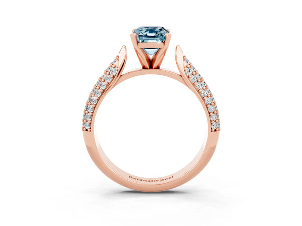 Rose gold Emerald Cut Aquamarine Solitaire Engagement Ring with Multi-Row Round Pavé Band and Prong Setting