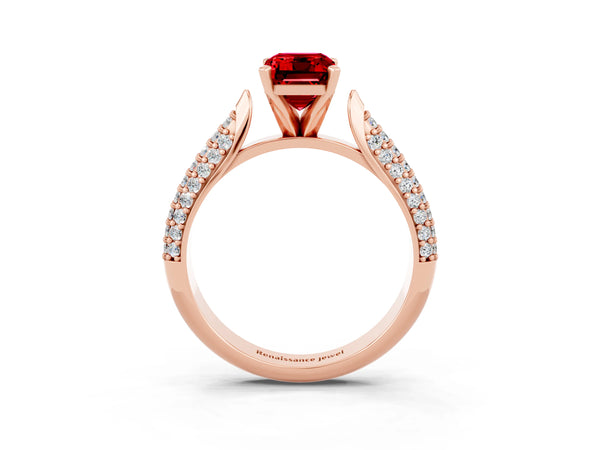 Rose gold Emerald Cut Diamond Solitaire Engagement Ring with Pavé Band and Four-Prong Setting