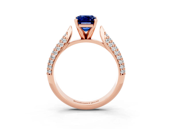 Rose gold Emerald Cut Blue Sapphire Solitaire Engagement Ring with Multi-Row Round Pavé Band and Prong Setting