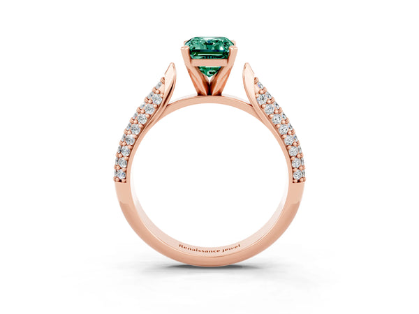 Rose gold Emerald Cut Green Sapphire Solitaire Engagement Ring with Multi-Row Round Pavé Band and Prong Setting