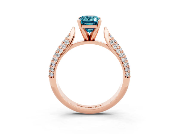 Rose gold Emerald Cut Diamond Solitaire Engagement Ring with Pavé Band and Four-Prong Setting